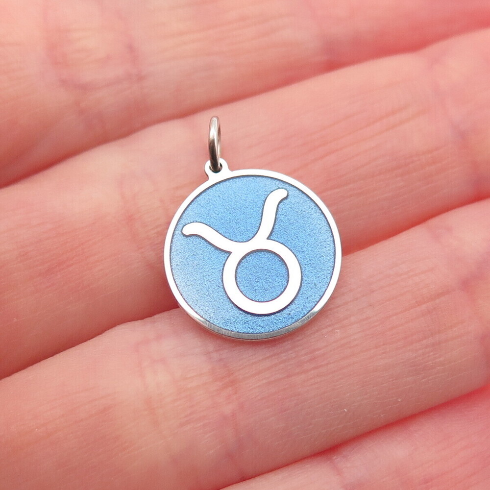 925 Sterling Silver Blue Enamel Taurus Zodiac Round Tag Mini Charm Pendant